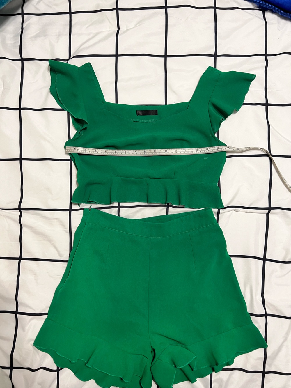 SHEIN Green Square-Neck Crop Top and short with Ruffle Hem
